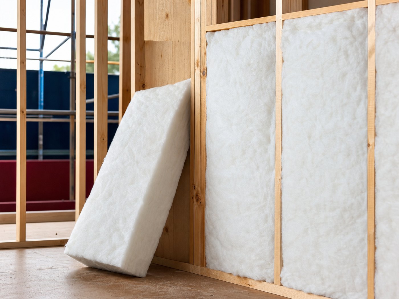 Polyester building insulation installed between timber wall studs