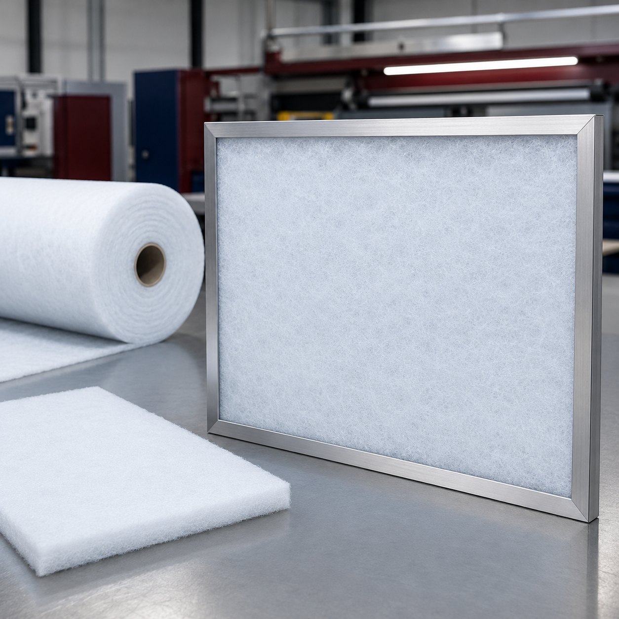 Flat polyester filtration media shown as a cut pad, roll and framed panel filter