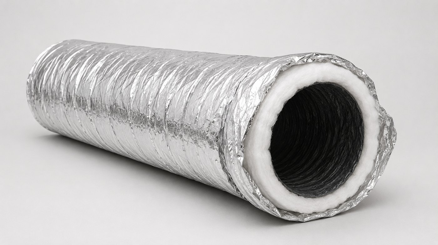 Insulated flexible HVAC duct showing its polyester insulation layer