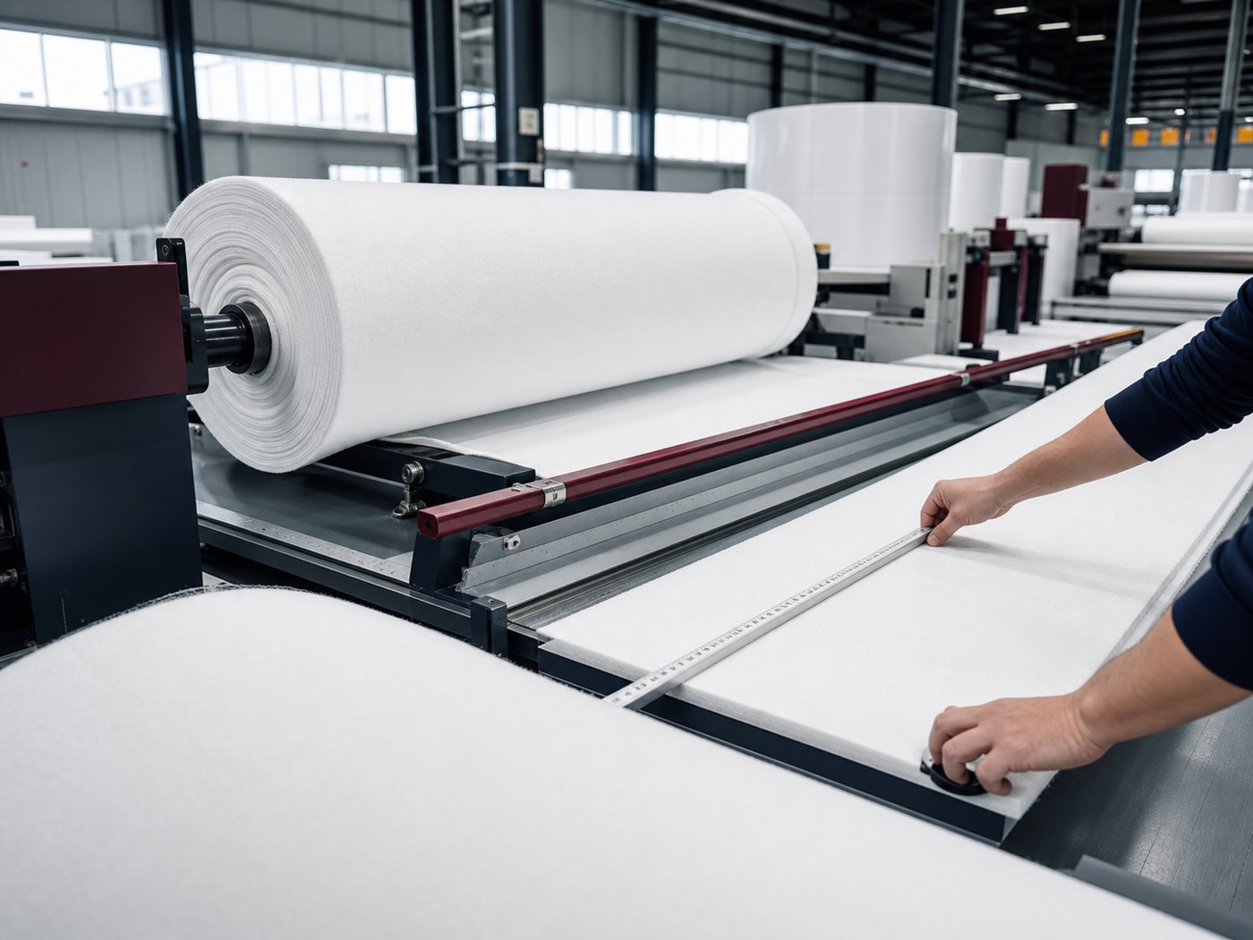 Polyester roll material being measured and cut to specification